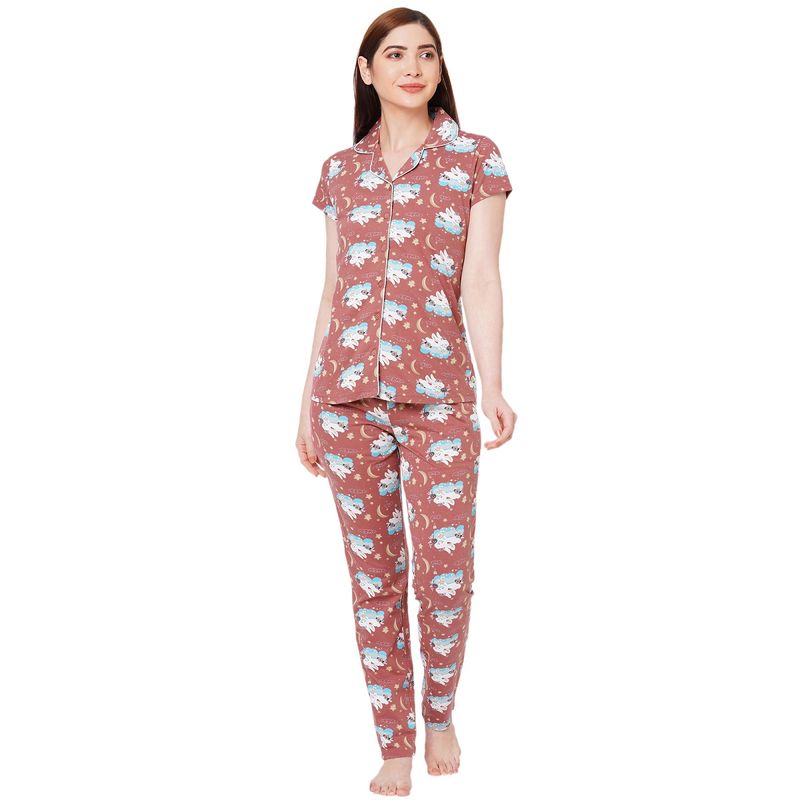 Sweet Dreams Women Printed Collar Neck Short Sleeve Pink Cotton Rich Pyjama Set (S)