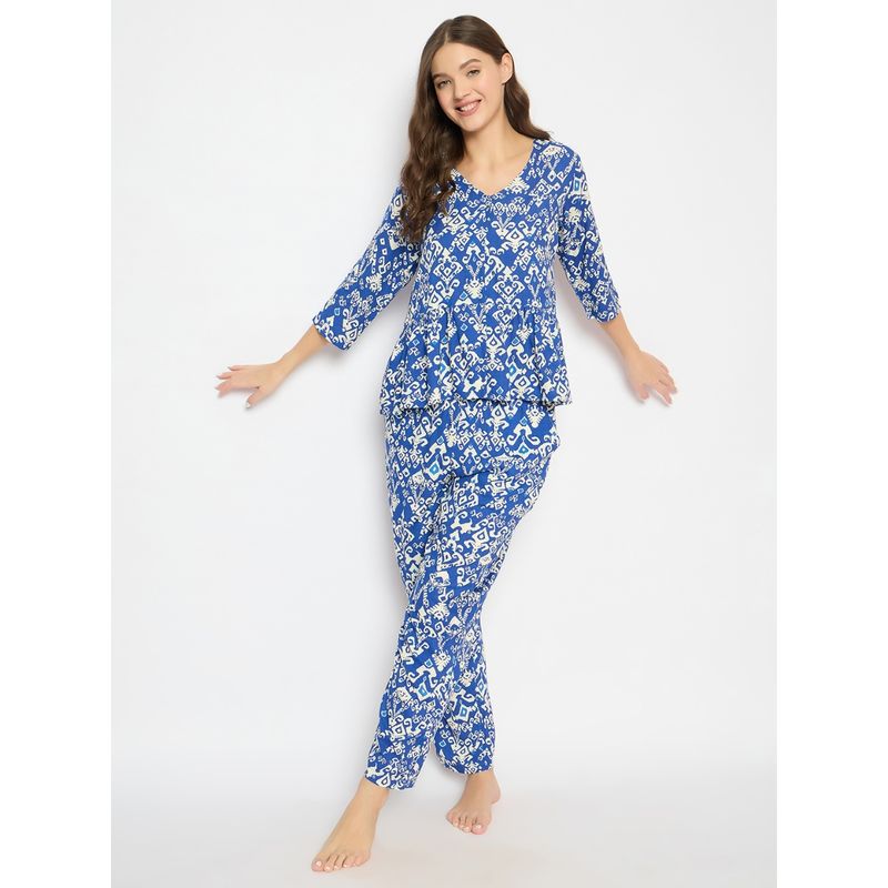 Clovia Printed Peplum Top and Pyjama In Navy (Set of 2) (3XL)