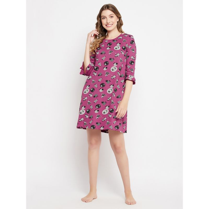 Clovia Sheep Print Short Night Dress In Purple (M)