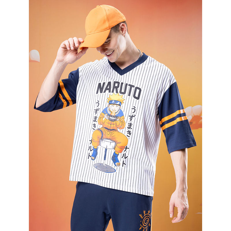 Bewakoof Official Naruto Men's Blue & White Ramen Jersey Graphic Printed Oversized T-shirt (S)