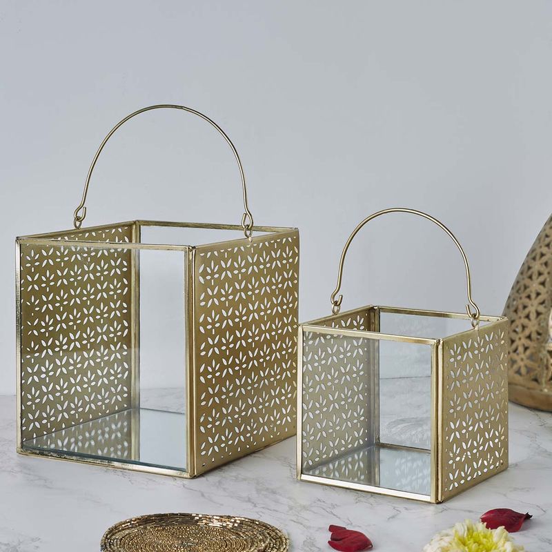 HomeTown Nelumbra Metal Set Of Two Candle Holders In Gold Colour (Set of 2) Buy HomeTown