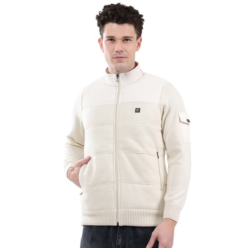 Monte Carlo Men Cream High Neck Full Sleeve Jacket (M)