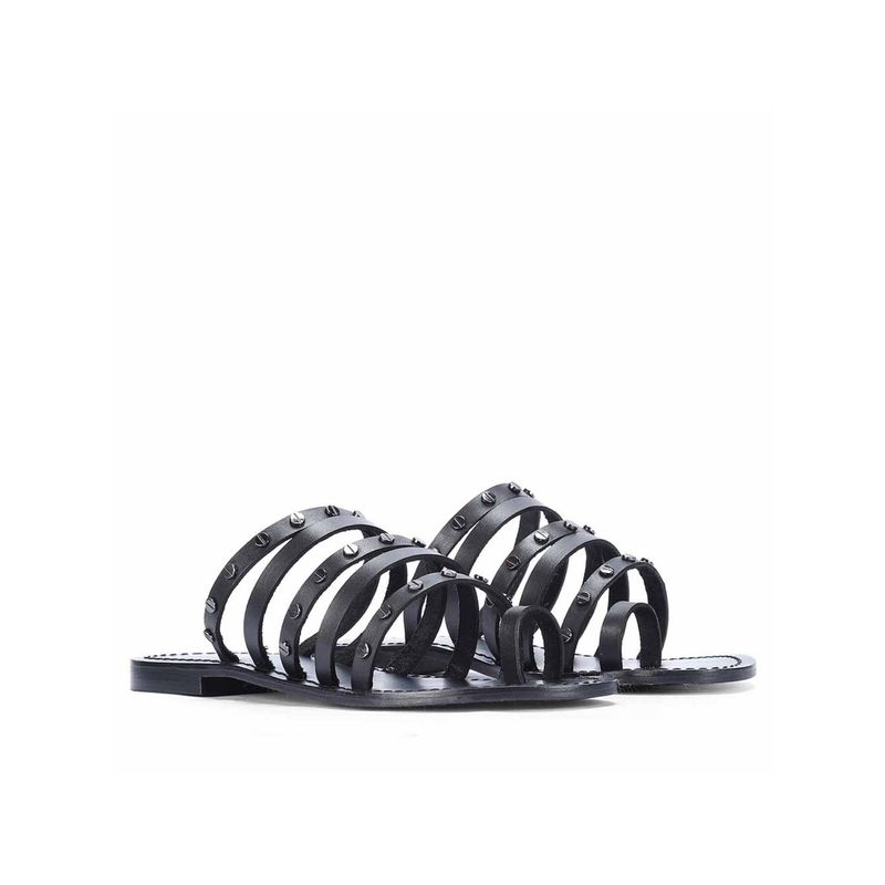 Saint G Women Metal Studded Multi-Strap Leather Black Flats (EURO 36)