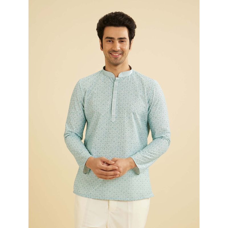Manyavar Men Green Blended Cotton Embroidered Shirt Kurta (L)