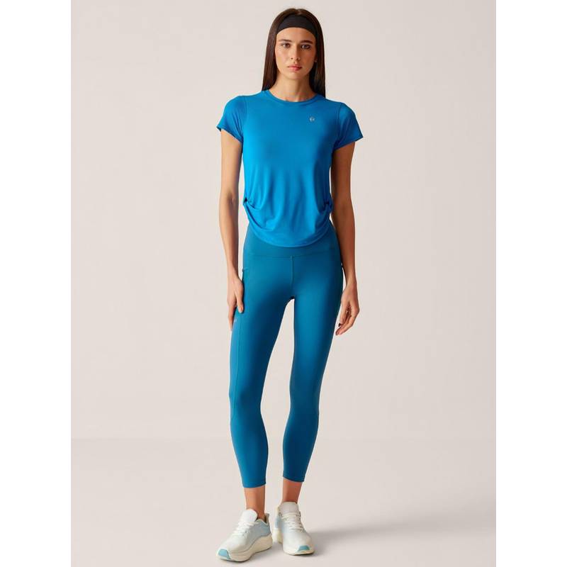 STRCH Teal Blue Solid Nylon High Rise Leggings (L)