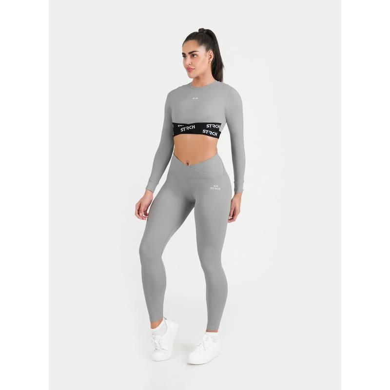 STRCH Grey Printed High Rise Criss Cross Waist Gym Leggings (L)