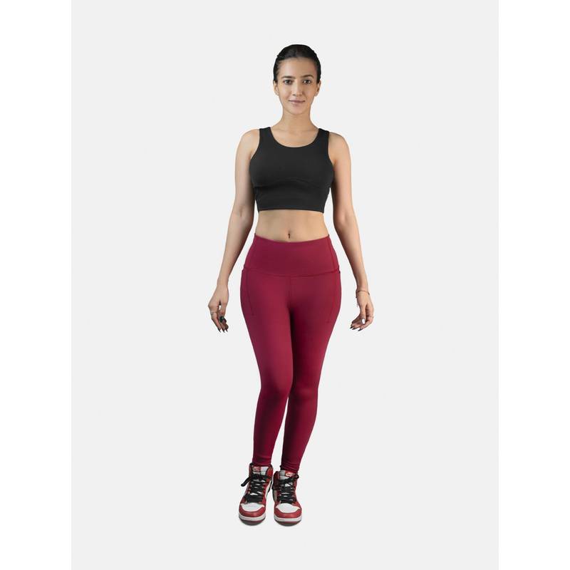 STRCH Maroon Solid Nylon High Rise Leggings (L)