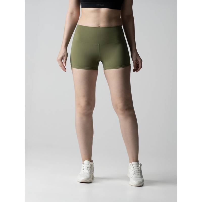 STRCH Olive Solid Regular Fit High Rise Running Shorts (L)
