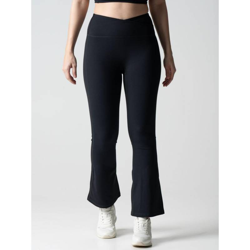 STRCH Black Solid Nylon High Rise Bootcut Leggings (L)