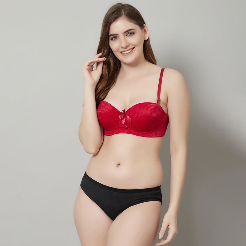 Prettycat Beautiful Polka Print Lightly Padded Balconette Bra Panty Set - Red (30C)