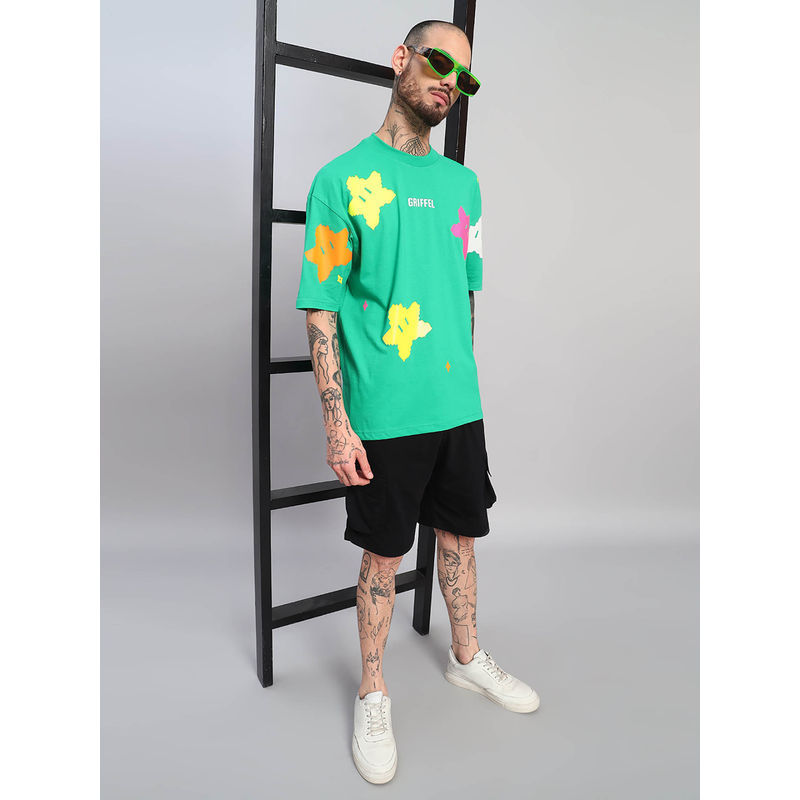 Griffel Green Printed Oversized T-shirt and Shorts (S)