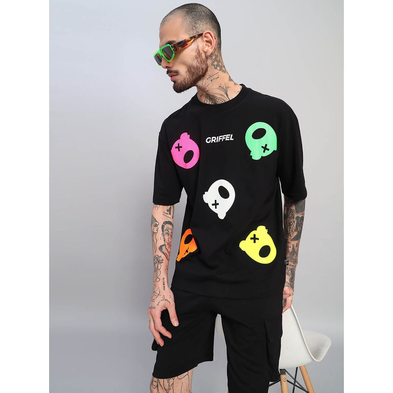 Griffel Black Printed Oversized T-shirt and Shorts (XS)