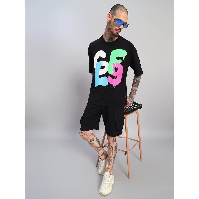Griffel Black Printed Oversized T-shirt and Shorts (XS)