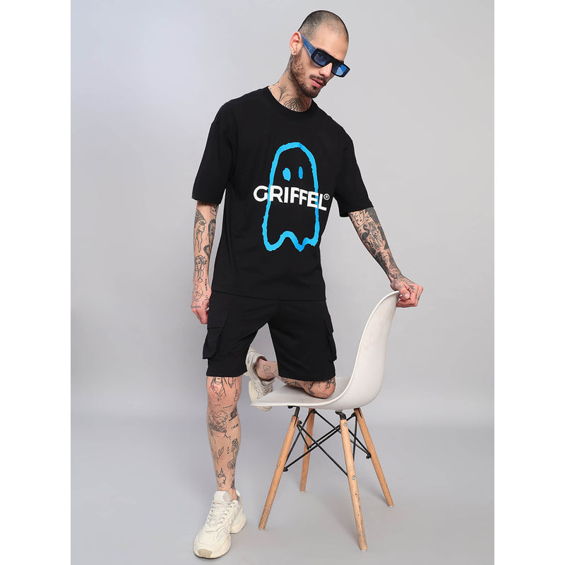 Griffel Black Printed Oversized T-shirt and Shorts (XS)