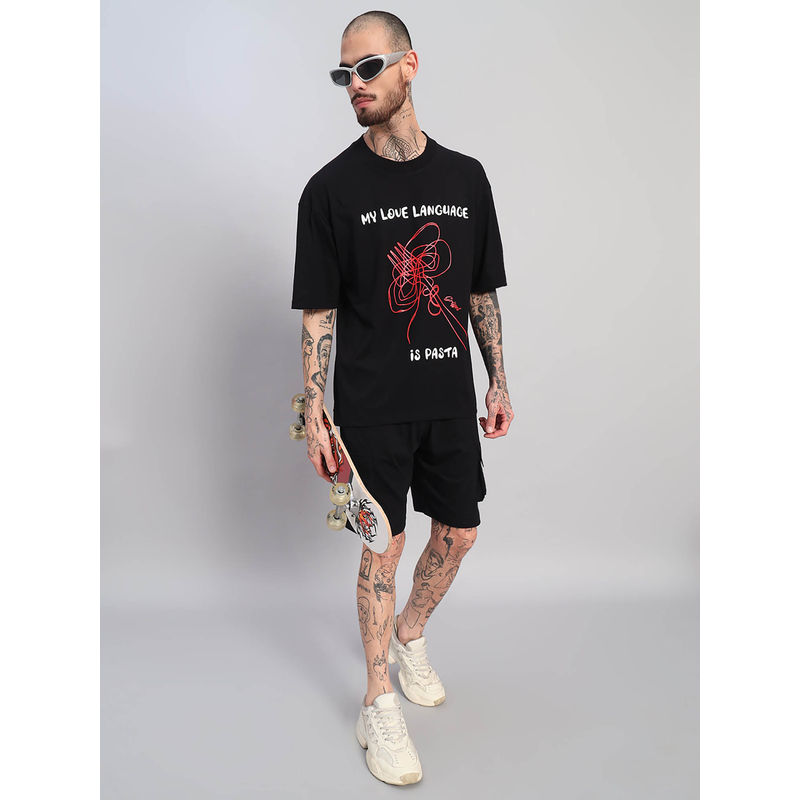 Griffel Black Printed Oversized T-shirt and Shorts (XS)