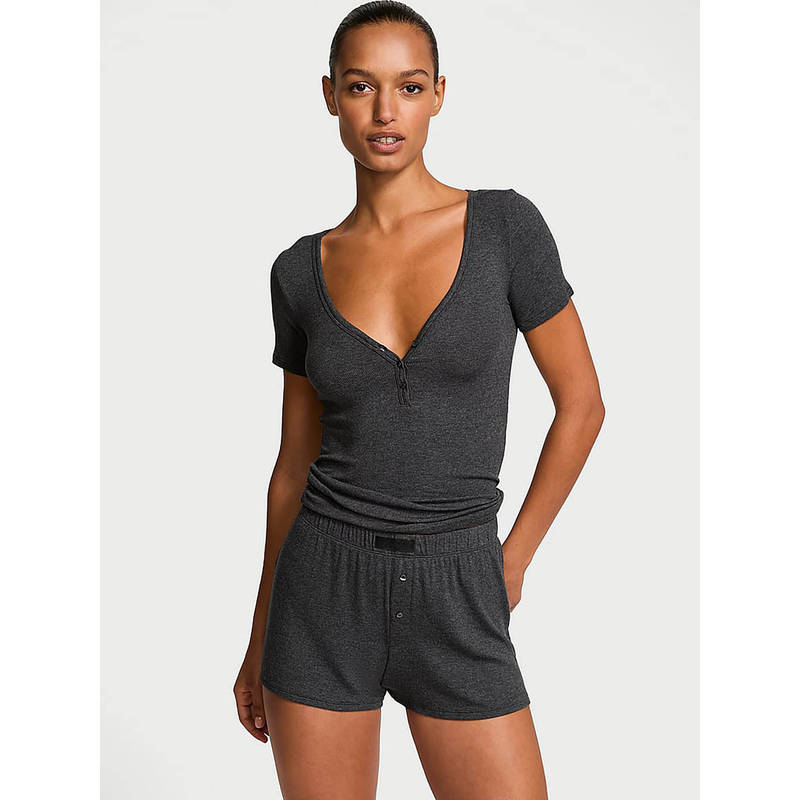 Victoria's Secret Grey Ribbed Modal Short-Sleeve T-shirt and Shorts (2XL)