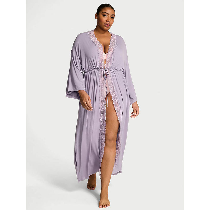 Victoria's Secret Purple Ribbed Modal Lace-Trim Long Robe (XL/2XL)