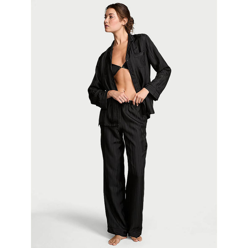 Victoria's Secret Black Glazed Stripes Satin Long Shirt and Pant (S)