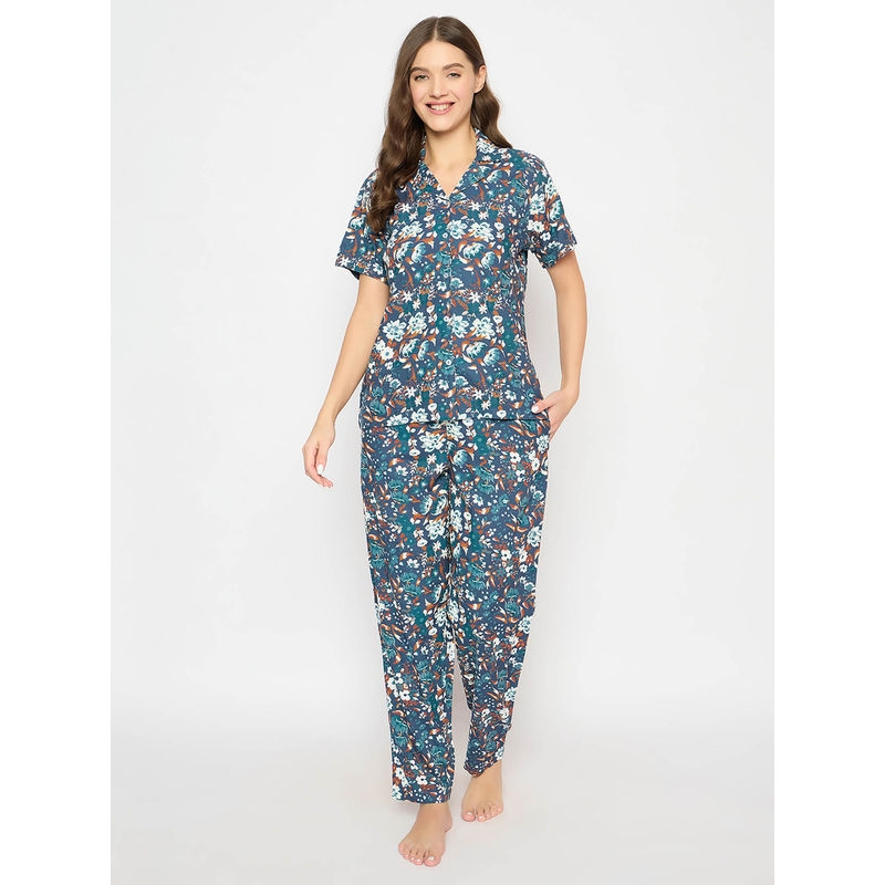 Clovia Dark Blue Floral Print Button Down Shirt and Pyjama (3XL)