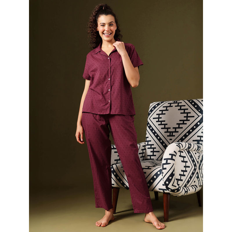 Clovia Wine Cotton Dobby Weave Button-Down Shirt and Pyjama (L)