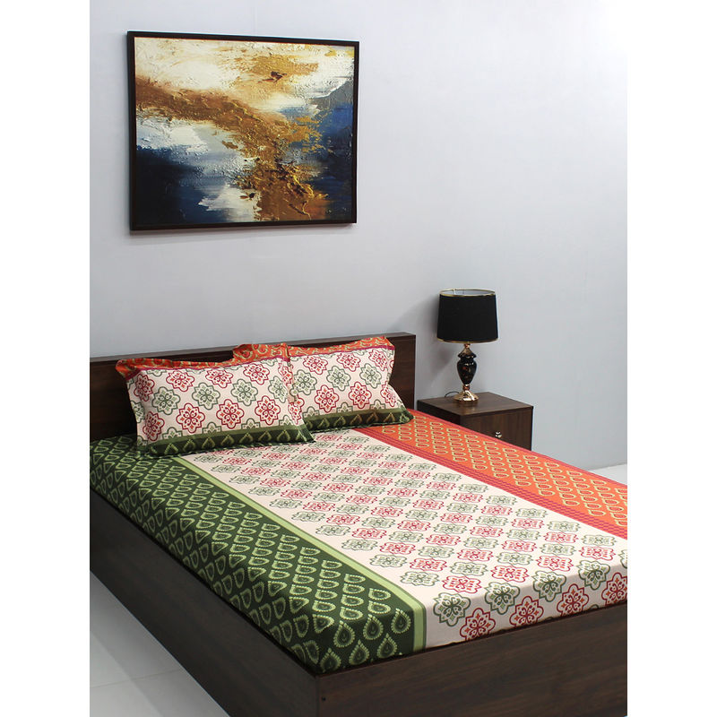 Bombay Dyeing Ivyrose 110 TC Multicolor Double Bedsheet with 2 Pillow