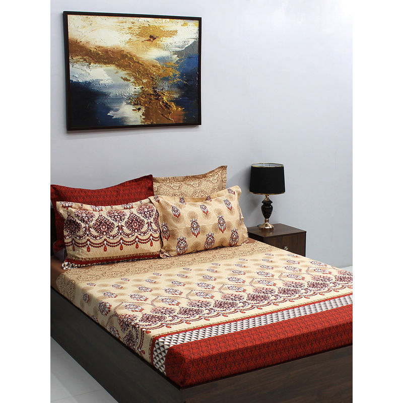 Bombay Dyeing Celebrating India 210 TC Beige Double Bedsheet with 4