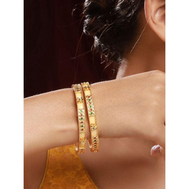 Priyaasi Yellow Multicolor Stone-Studded Geometric Gold-Plated Bangle Set of 2 ( 2.6 )