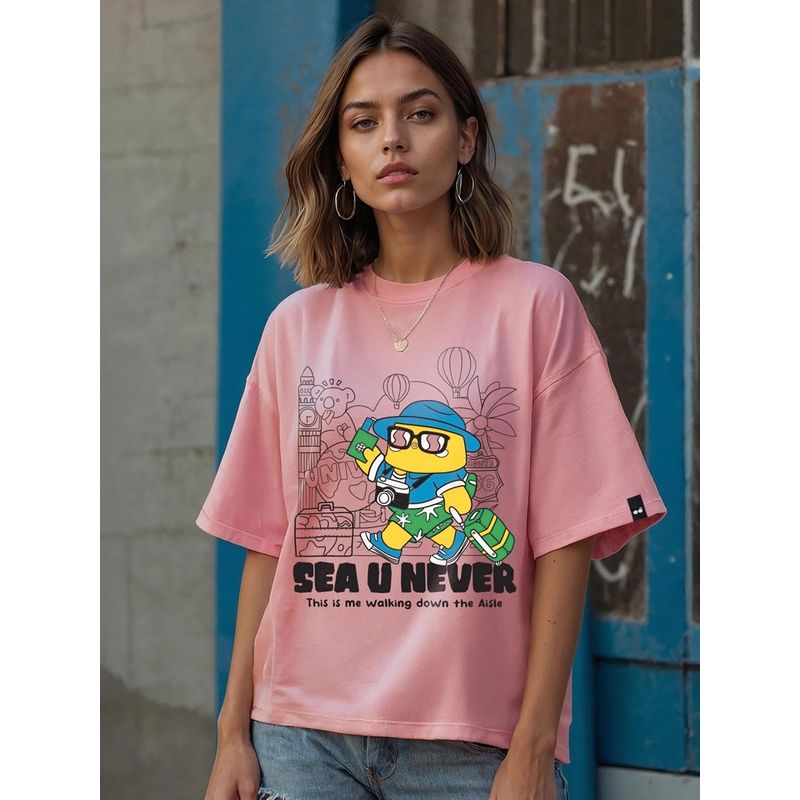 Bewakoof Women's Pink Sea u Never Graphic Printed Oversized T-shirt (M)