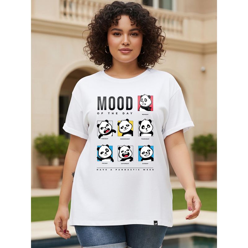 Bewakoof Women's White Mood of the Day Panda Graphic Printed Plus Size Boyfriend T-shirt (6XL)