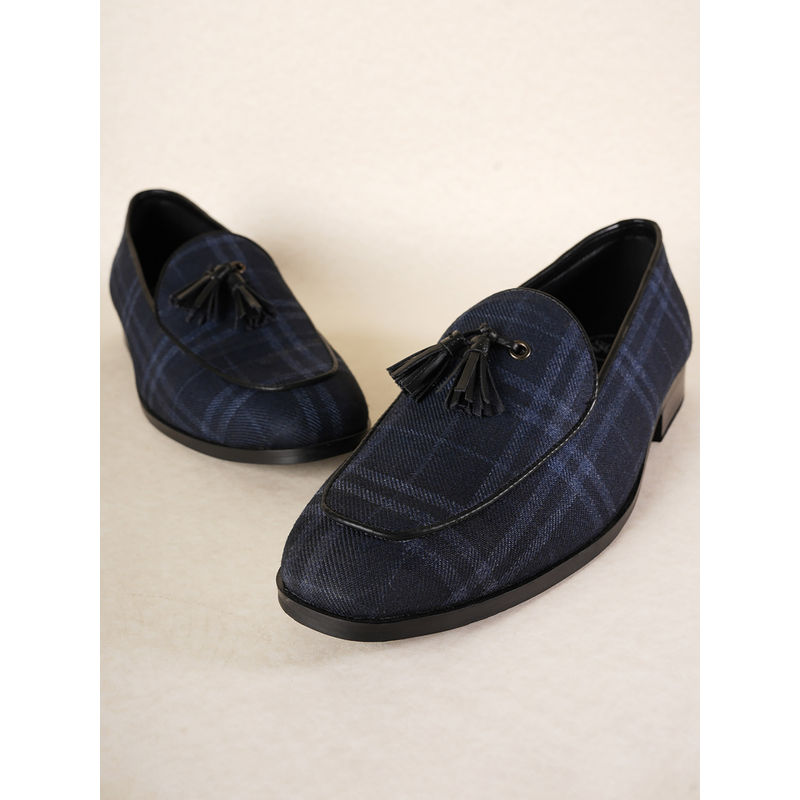 Monkstory Blue Raro Plaid Fabric Tassel Loafers (UK 6)