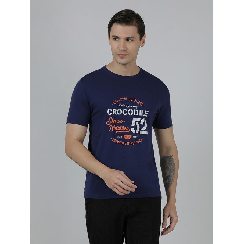 Crocodile Navy Blue Typography Printed Single Jersey Cotton Navy Blue T-Shirt (S)