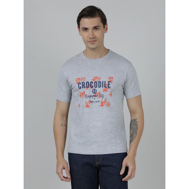 Crocodile Grey Typography Printed Single Jersey Cotton Grey T-Shirt (S)