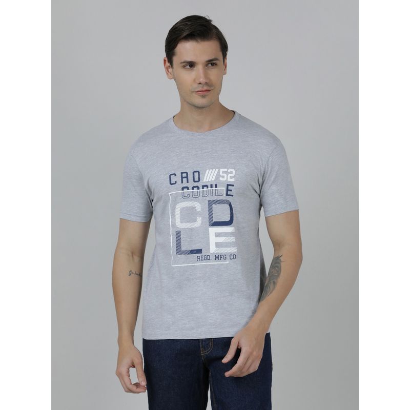 Crocodile Grey Typography Printed Single Jersey Cotton Grey T-Shirt (S)
