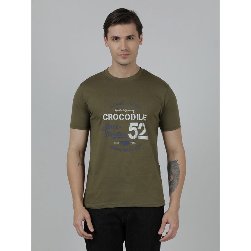 Crocodile Olive Typography Printed Single Jersey Cotton Olive Green T-Shirt (S)