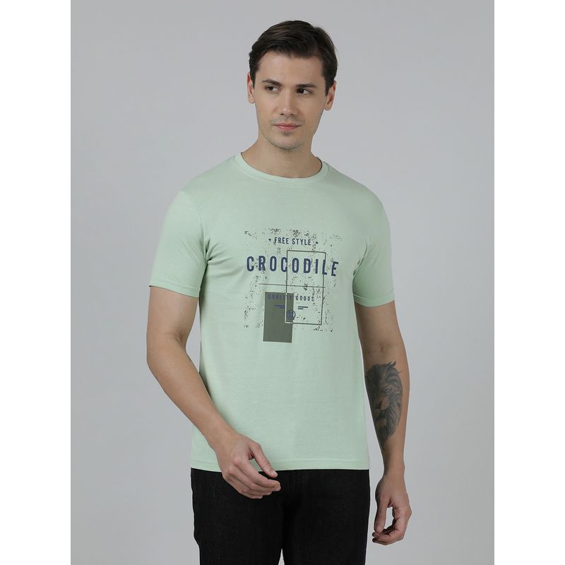 Crocodile Green Typography Printed Single Jersey Cotton Green T-Shirt (S)
