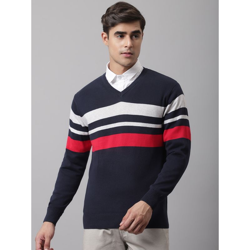 Cantabil Men Stripes Navy Blue Sweater (2XL)