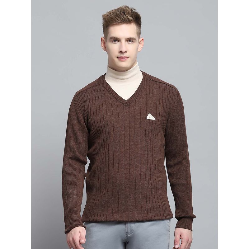 Monte Carlo Men's Solid Dark Brown V Neck Full Sleeve Sweater (XL)