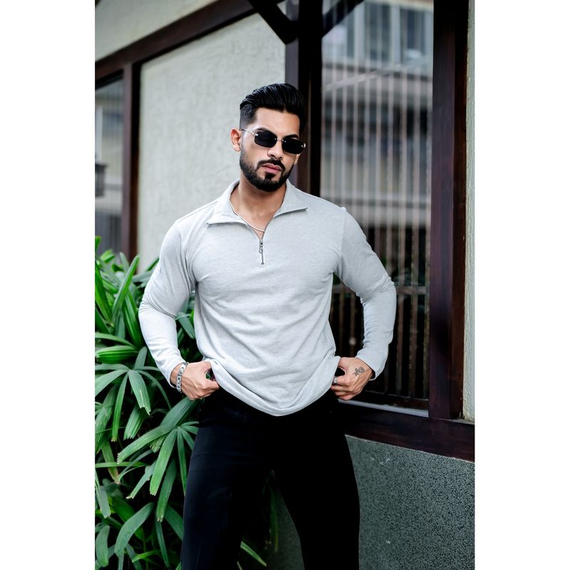 GRITSTONES Men Grey Melange Solid Zipper Polo T-Shirt (S)