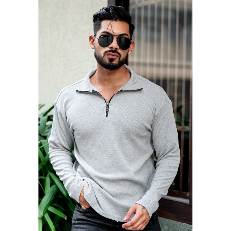 GRITSTONES Men Grey Melange Waffle Self Design Zipper Polo T-Shirt (S)