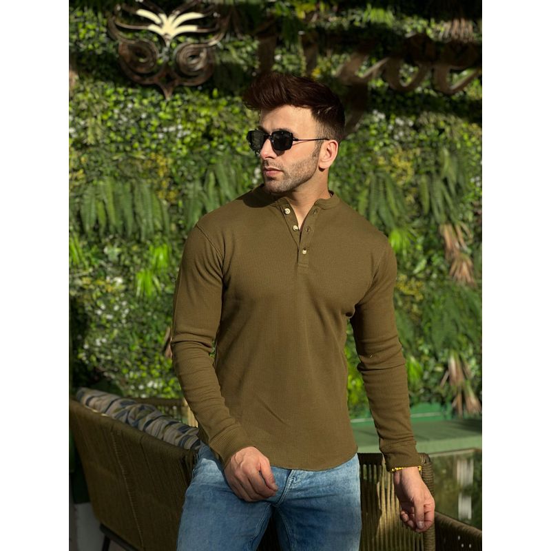 GRITSTONES Men Olive Self Waffle Knit Henley T-Shirt (2XL)