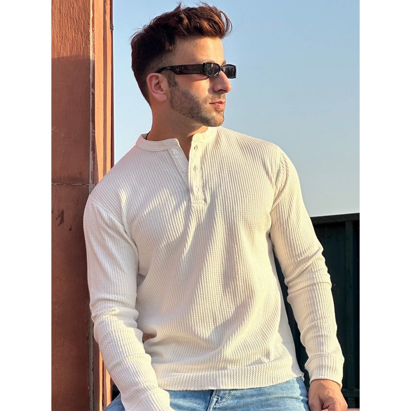 GRITSTONES Men White Waffle Henley T-Shirt (M)