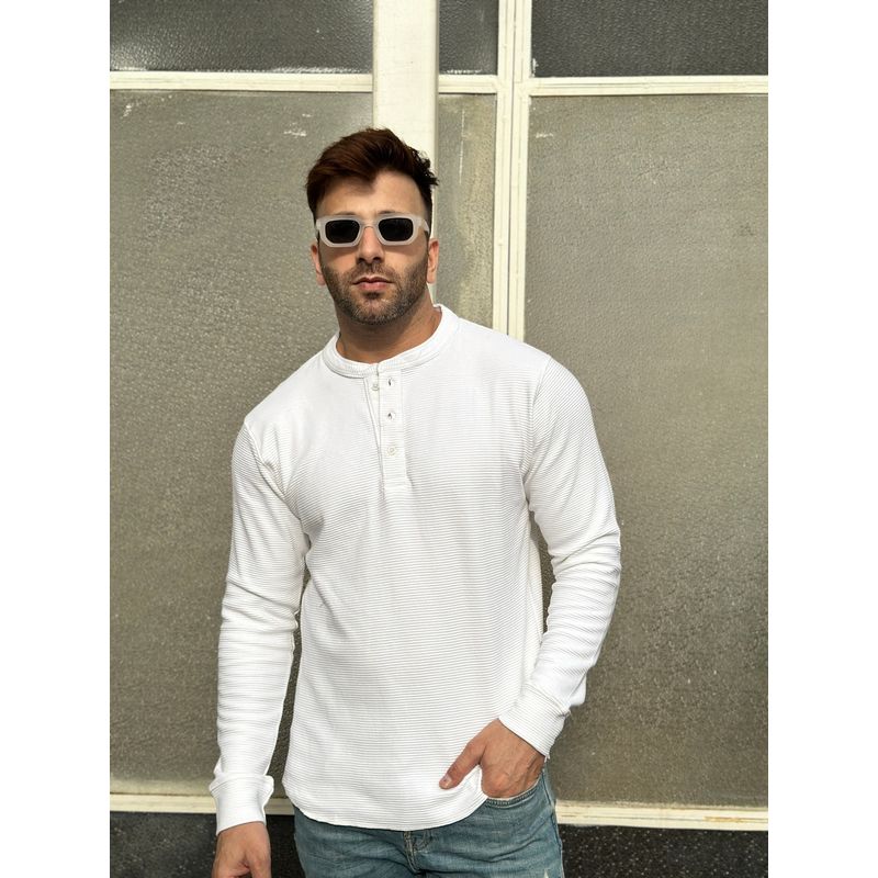 GRITSTONES Men White Henley Self Design T-Shirt (S)