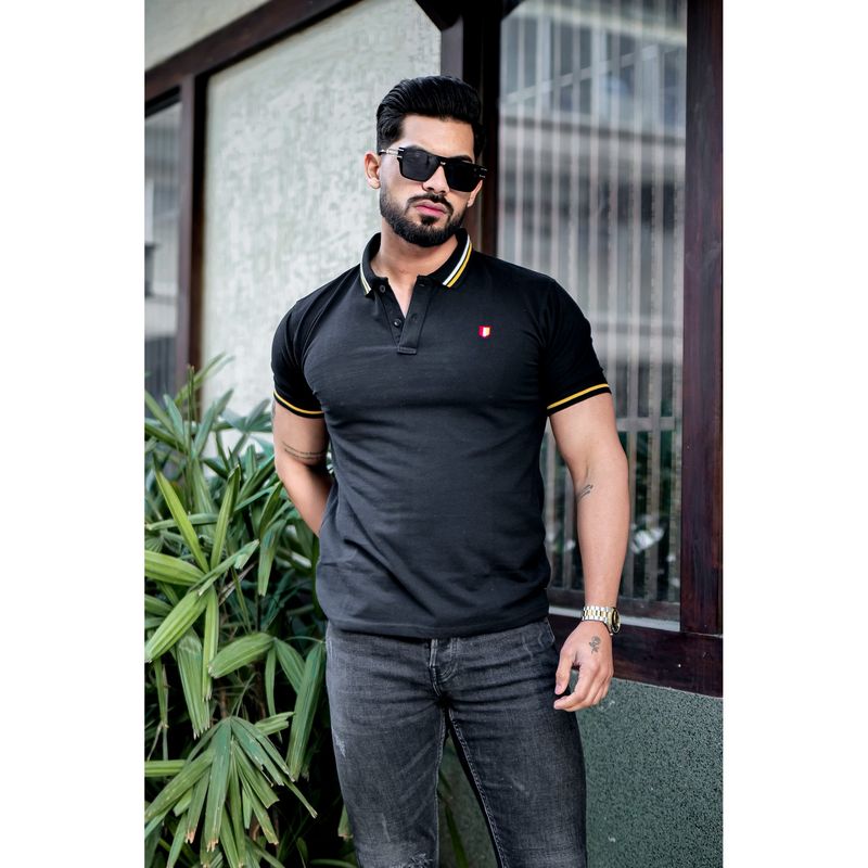 GRITSTONES Men Black Yellow Ribbed collar logo embroidered Polo T-Shirt (S)