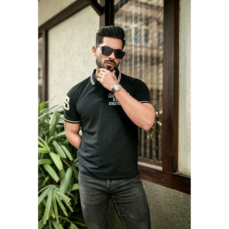 GRITSTONES Men Black Ribbed Collar Embroidered Polo T-Shirt (S)