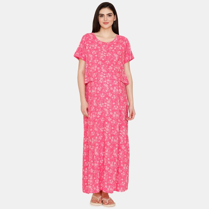 Zivame Coucou Maternity Full Length Loungewear Dress Germanium Pink