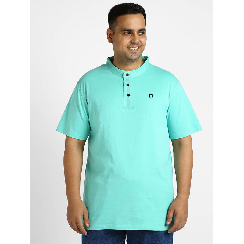Urbano Plus Mens Aqua Green Solid Mandarin Collar Regular Fit Half Sleeve Cotton T-Shirt (2XL)