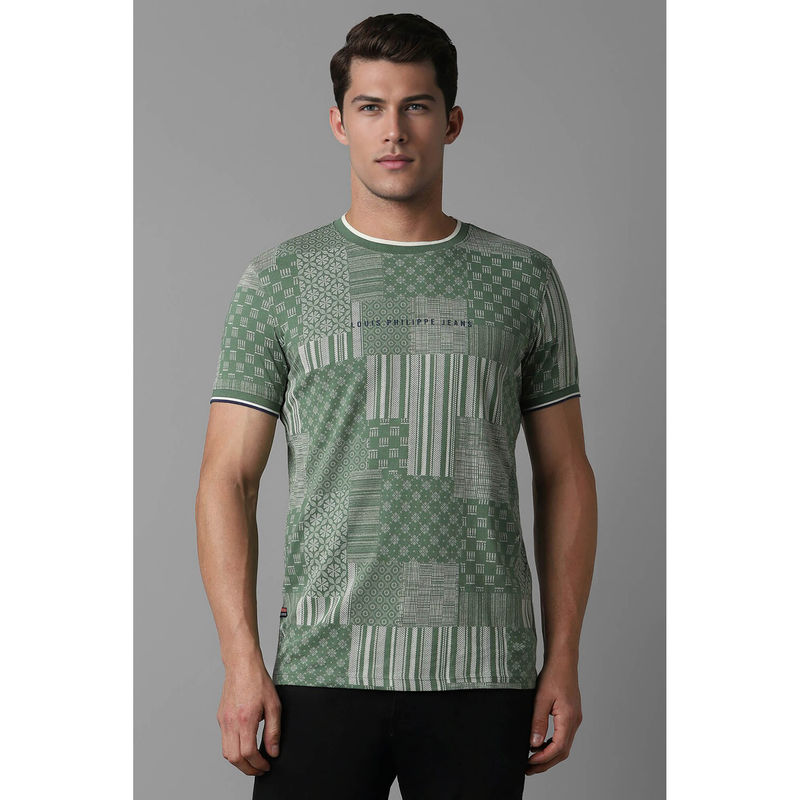 Louis Philippe Men Green Printed Round Neck T-Shirt (L)