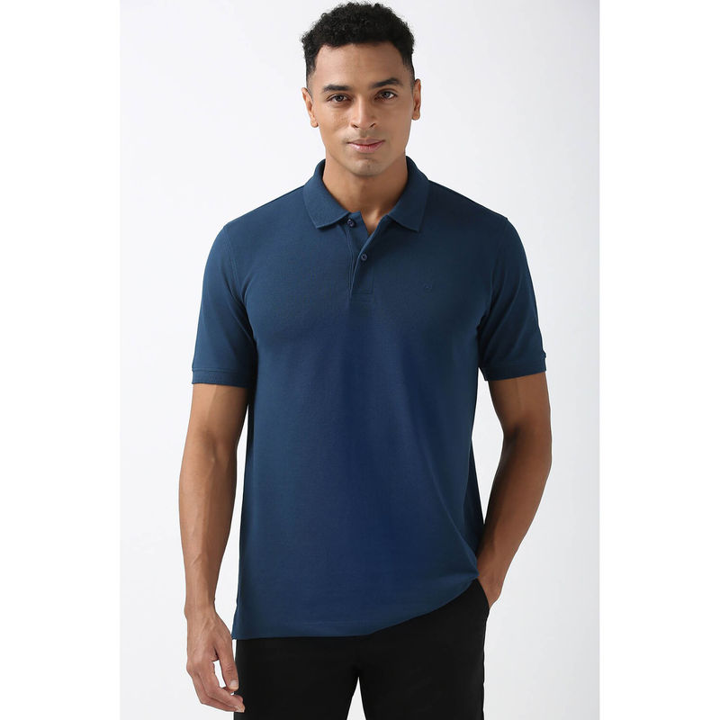 Peter England Men Navy Blue Solid Collar Neck Polo T-Shirt (S)