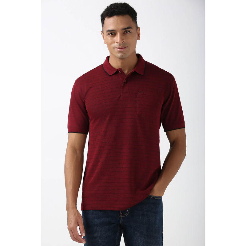 Peter England Men Maroon Stripe Collar Neck Polo T-Shirt (M)