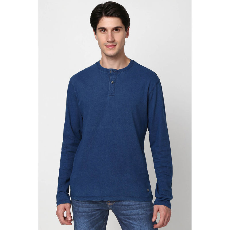 Peter England Men Navy Blue Solid Henley Neck Round Neck T-Shirt (L)